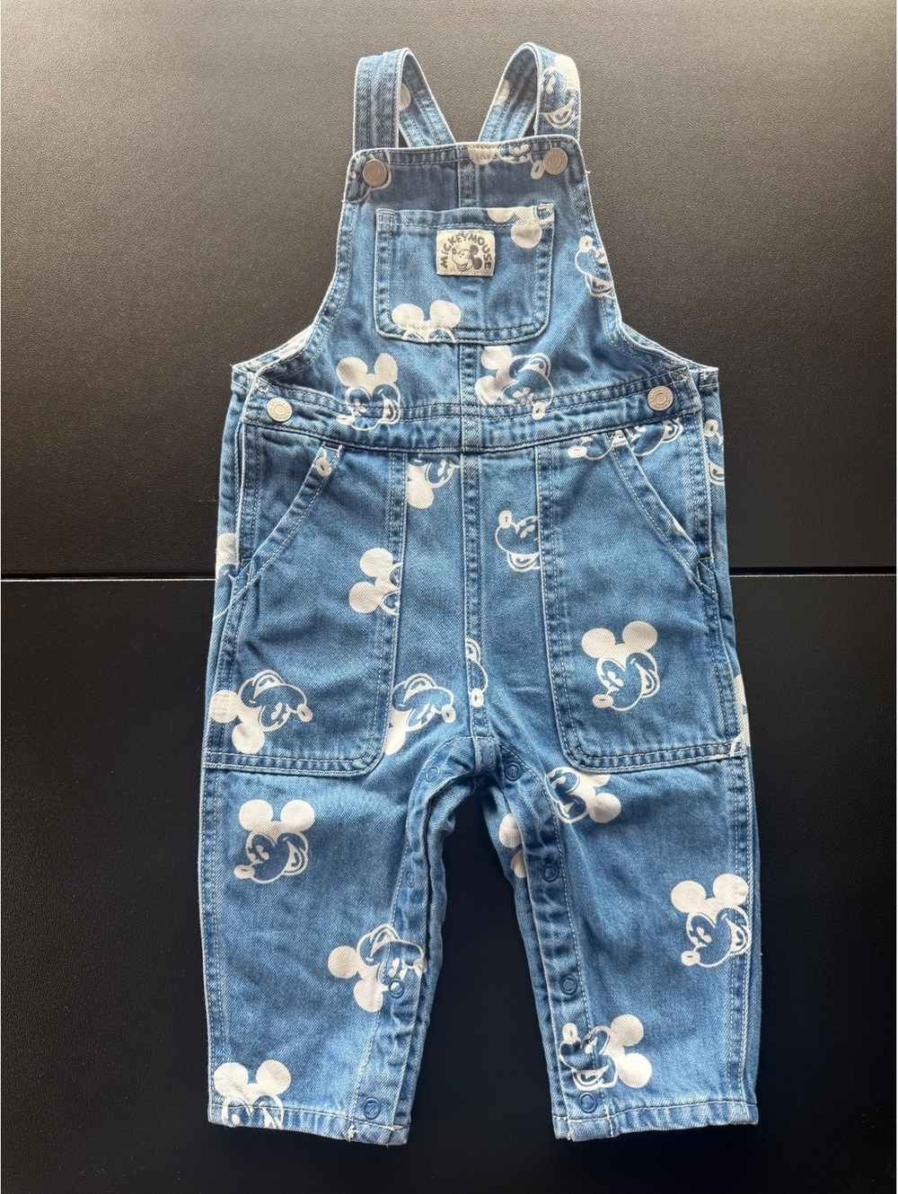 H&M Disney Mickey Mouse Baby 9-12M Denim Overalls Allover Print Dungarees